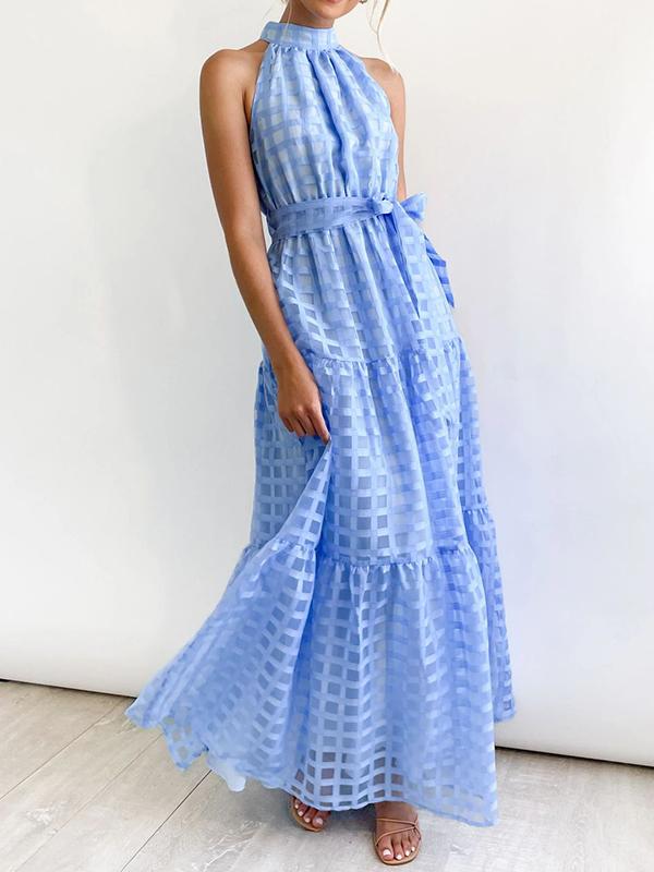 Loose Sleeveless Plaid Ribbed Stand Collar Maxi Dresses Product Image