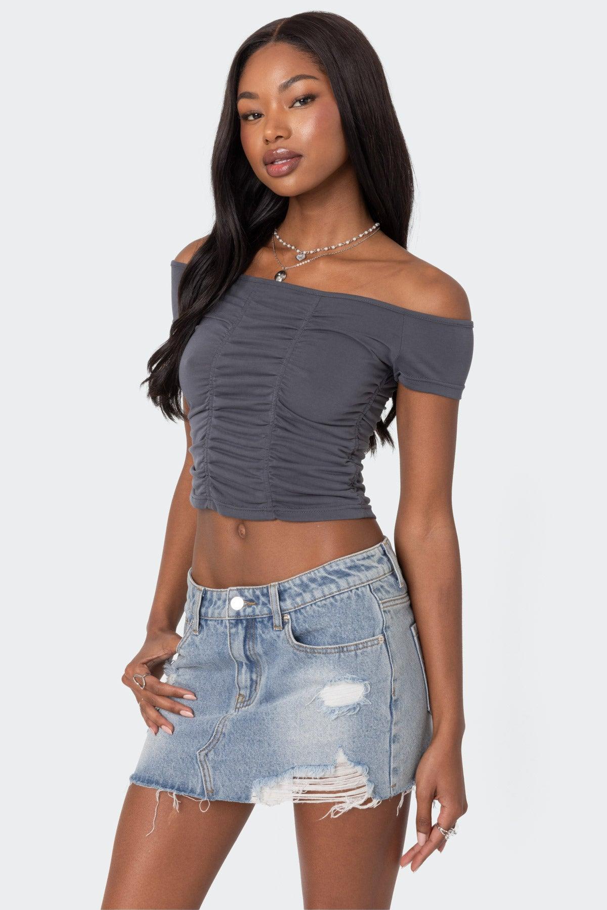 Triple Ruched Off Shoulder Top Product Image