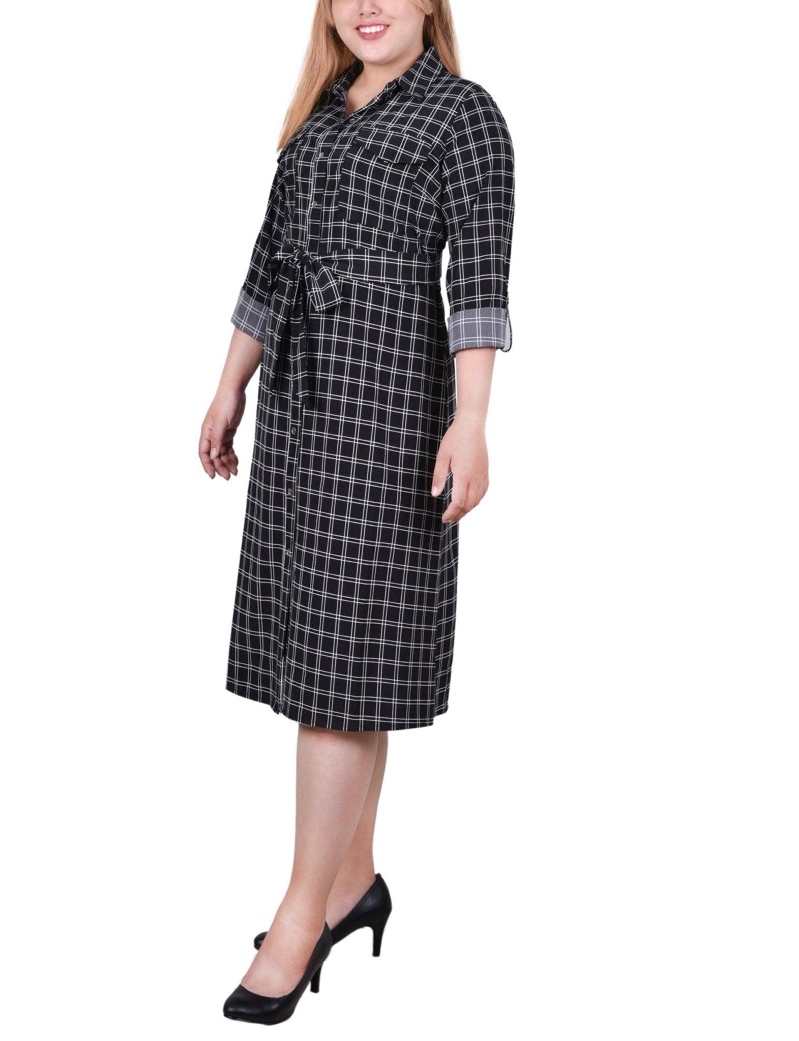 Black Gridview 3/4 Roll Tab Sleeve Belted Shirtdress - Plus Product Image
