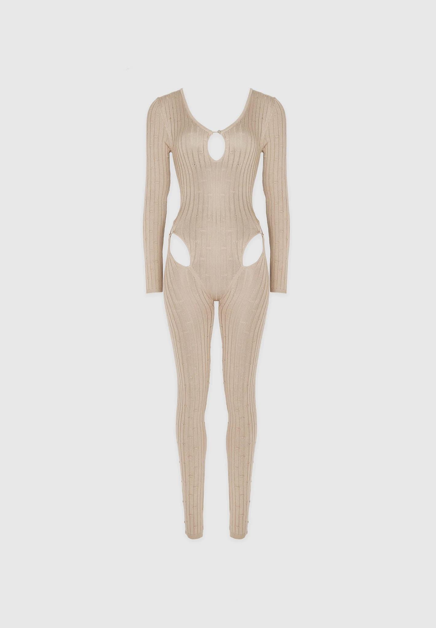 Distressed Knitted Cut Out Jumpsuit - Taupe Female Product Image