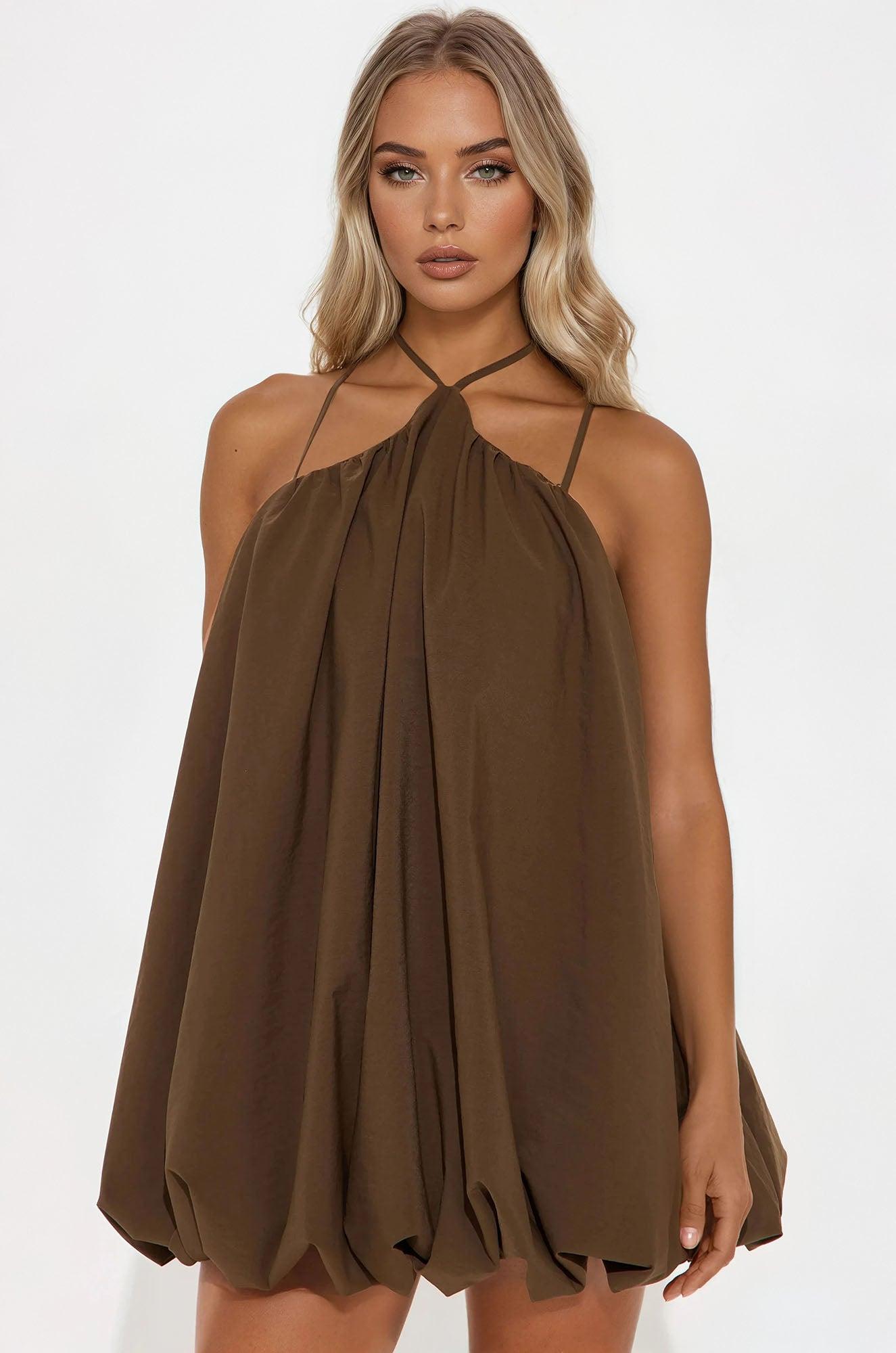 Jorja Poplin Bubble Mini Dress - Chocolate Product Image