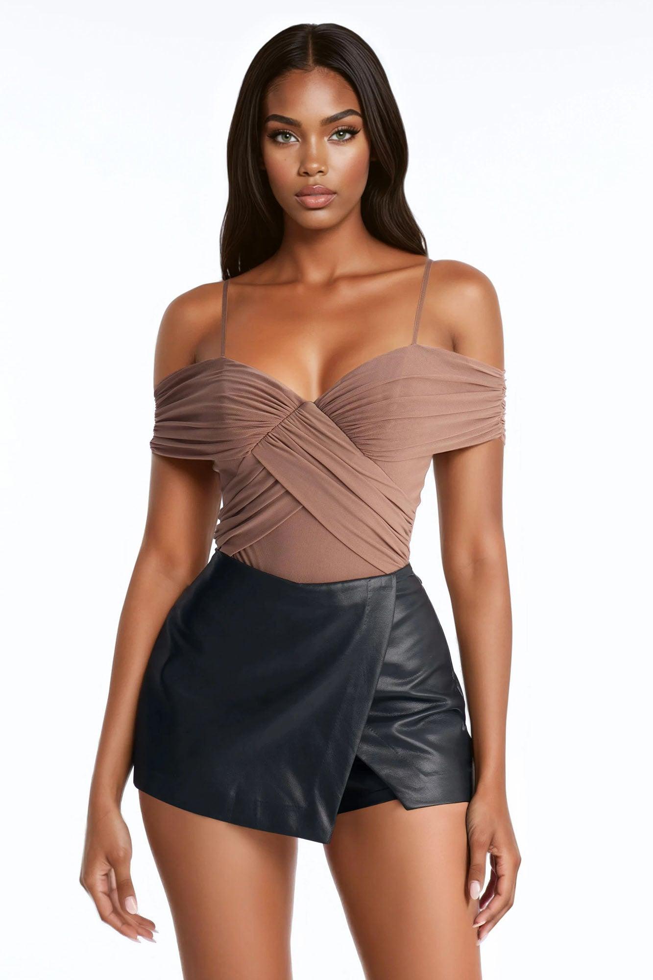 Melinna Mesh Off Shoulder Ruched Bodysuit - Mocha Female Product Image