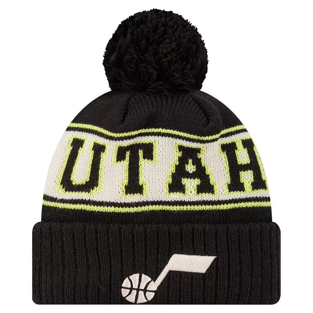 Men's New Era Black Utah Jazz Throwback Retro Cuffed Knit Hat with Pom, Jaz Black Product Image