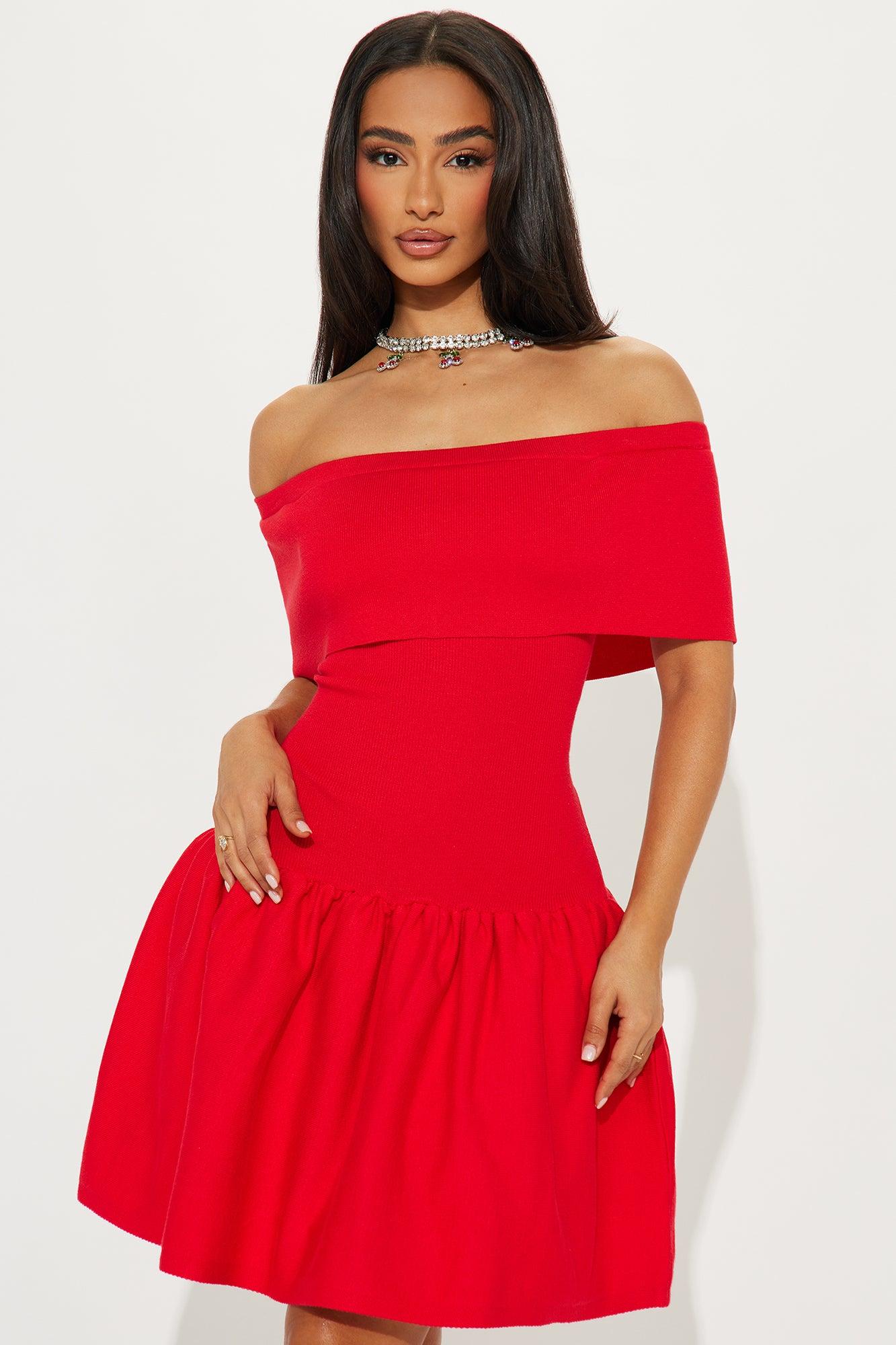 Daisy Off Shoulder Mini Dress - Red Product Image