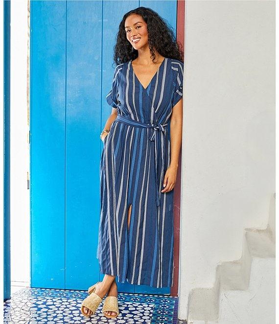 Karen Kane Cotton Embroidered Cuffed Sleeve Faux Wrap Midi Dress Product Image