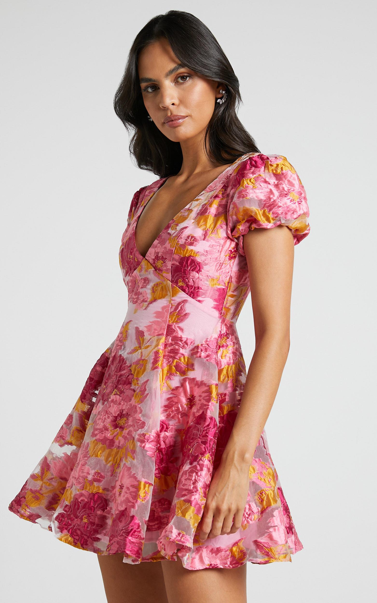 Brailey Jacquard Mini Dress - Puff Sleeve Dress in Pink Product Image