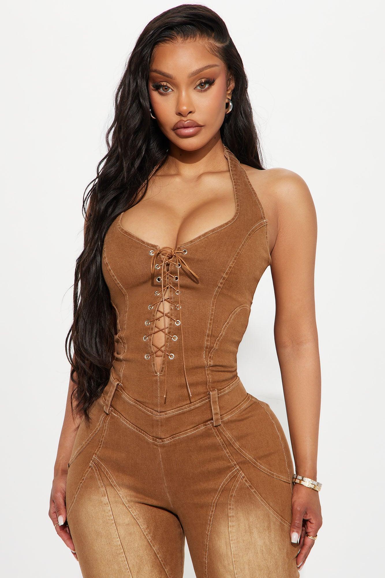 Locked In Denim Washed Jumpsuit - Tan Female Product Image