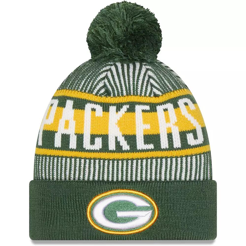 Men's New Era Green Green Bay Packers Striped Cuffed Knit Hat with Pom Product Image