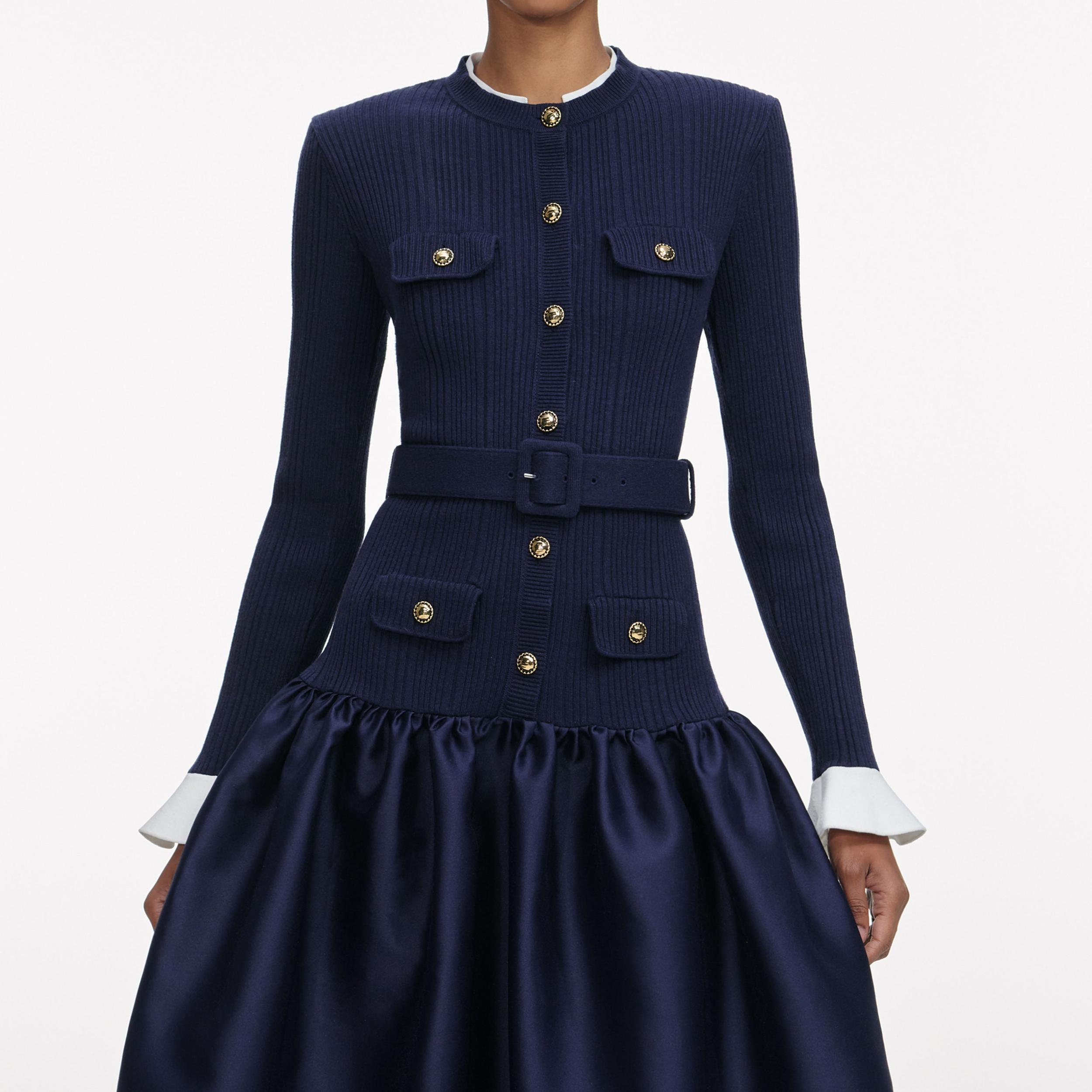 Navy Knit Taffeta Midi Dress Product Image