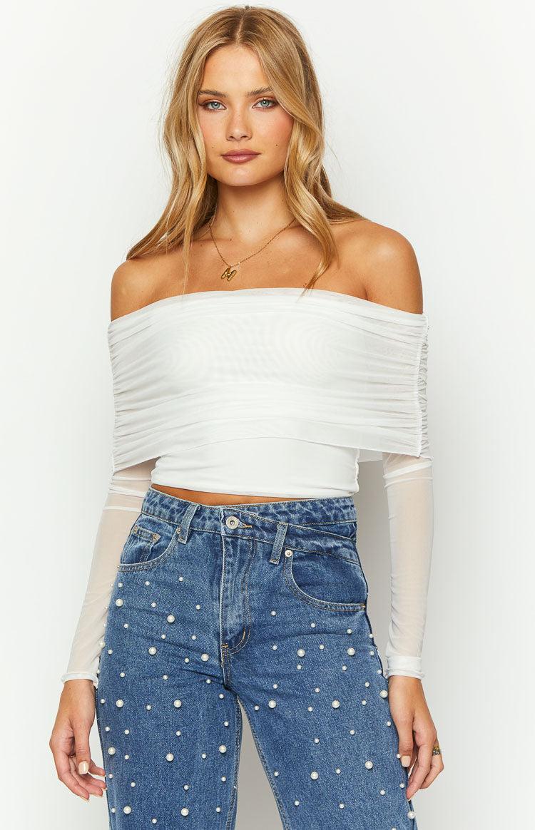 Ember White Mesh Long Sleeve Crop Top Product Image