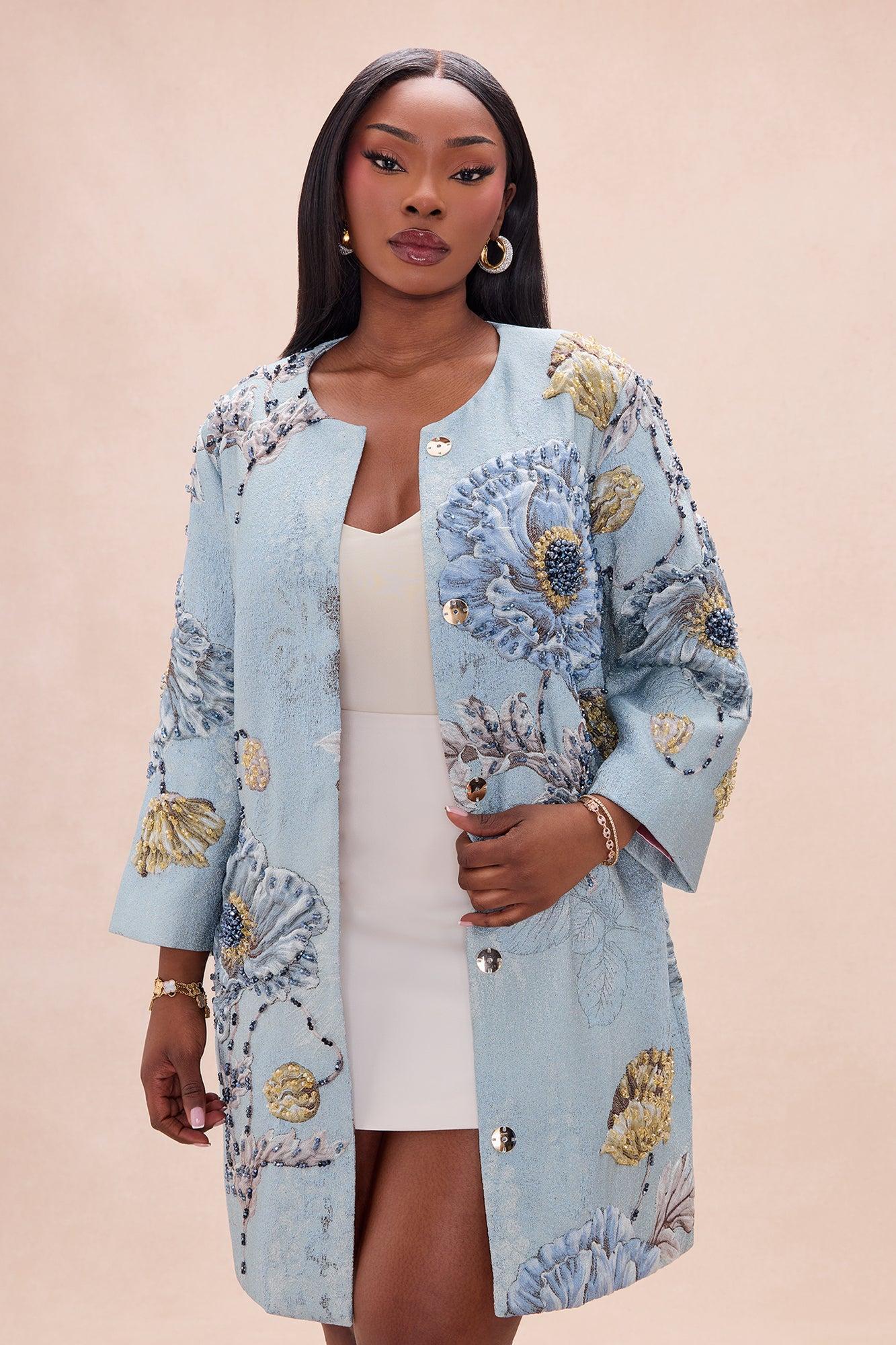 Riannon Crew Neck Embellished Jacquard Jacket - Blue Female Product Image