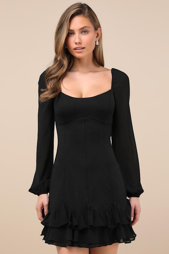 Gorgeous Expertise Black Ruffled Long Sleeve Mini Dress Product Image