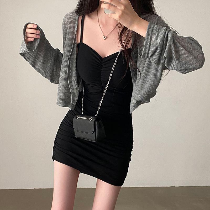 Long Sleeve Ribbed-Knit Light Crop Cardigan / Spaghetti Strap Mini Bodycon Dress Product Image