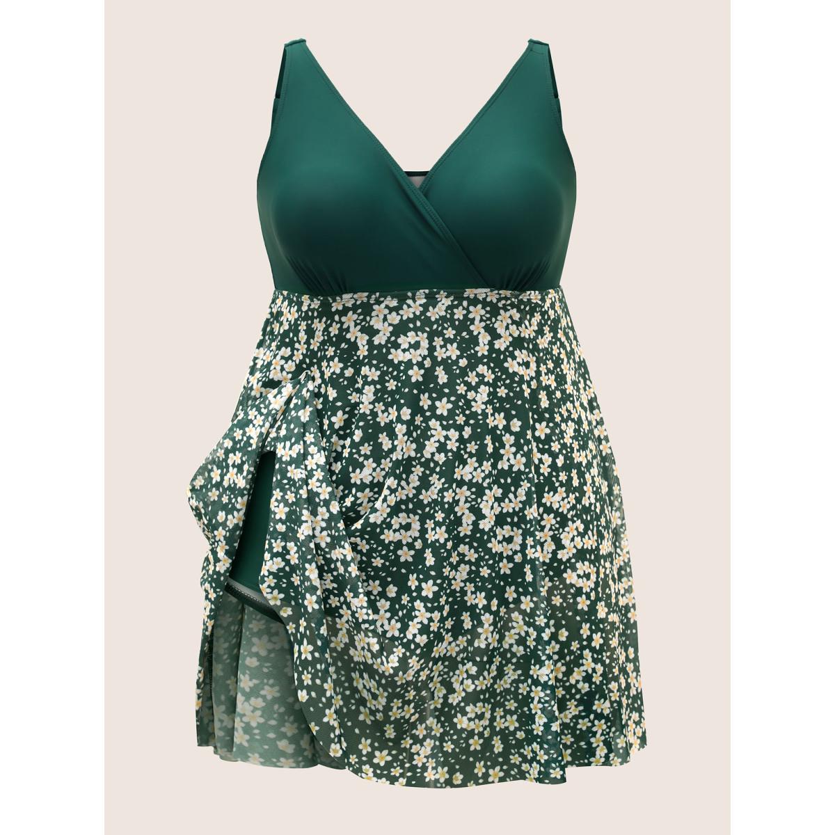 Plus Size Overlap Collar Ditsy Floral Slit Hem Swim Dress Women's Swimwear DarkGreen Beach Bodycon Overlap Collar High stretch Curve Swim Dresses BloomChic 12/L Product Image