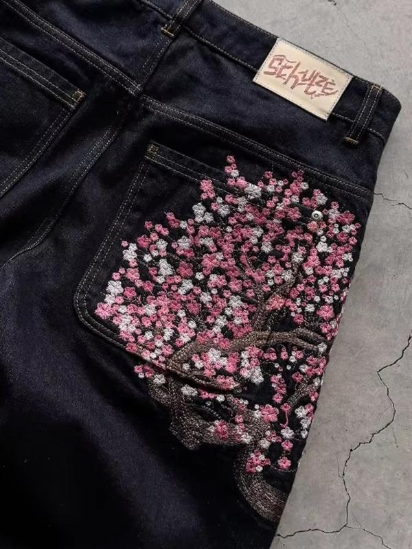 American Vintage Plum Flower Embroidery Boyfriend Jeans Product Image
