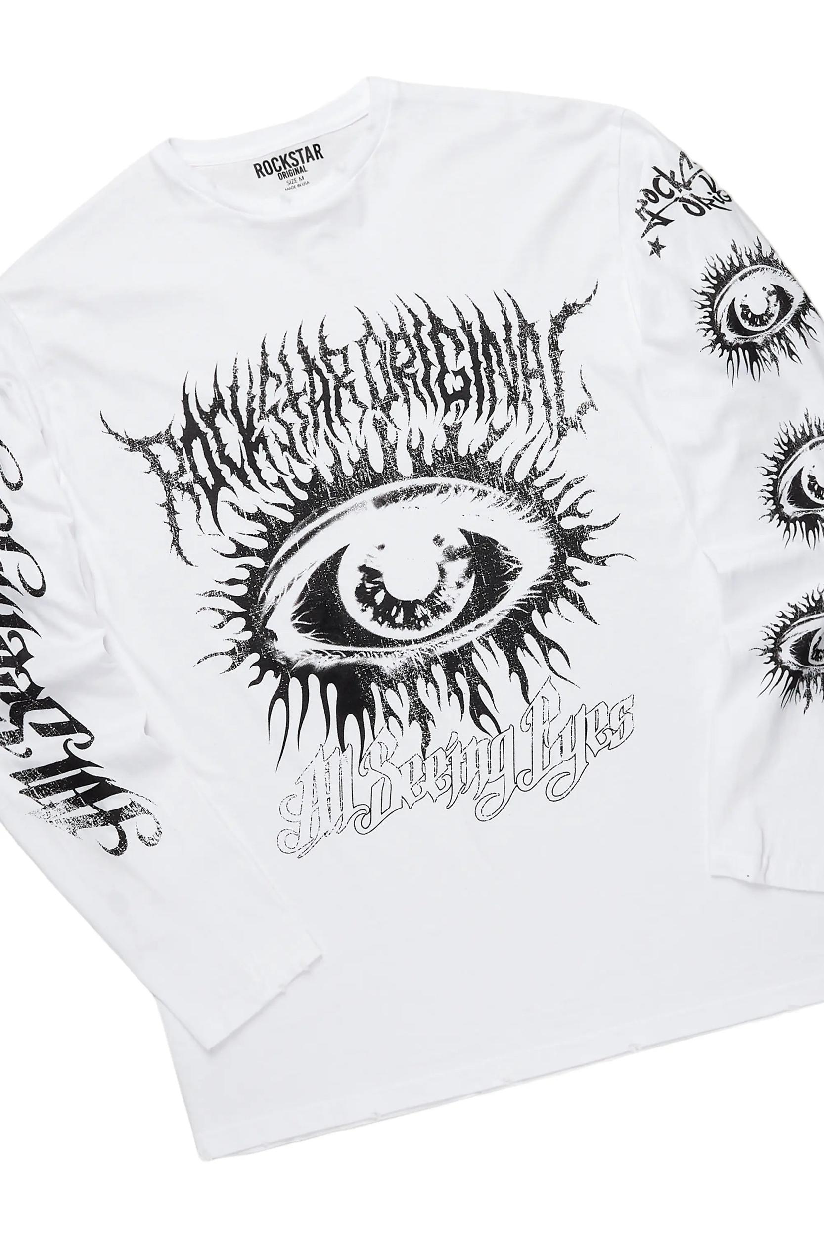 All Seeing Eyes White/Blue Long Sleeve T-Shirt/Stacked Flare Jean Set Male Product Image