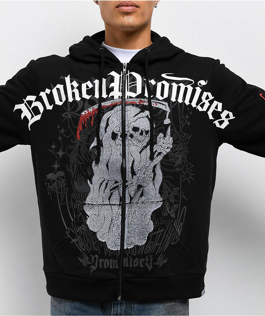 Ed Hardy x Broken Promises Deaths Shadow Rhinestone Black Zip Hoodie Product Image
