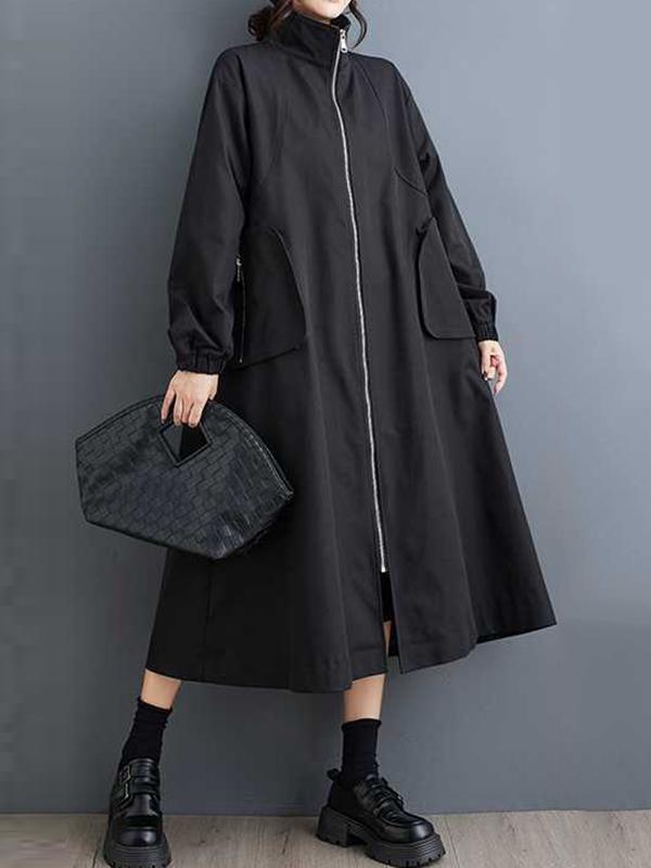 Long Sleeves Loose Elasticity Pockets Split-Joint Zipper High Neck Outerwear Trench Coats Product Image
