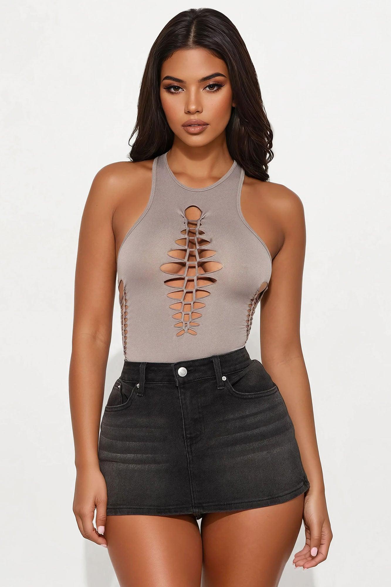Slip Through Seamless Cut Out Bodysuit - Taupe Product Image