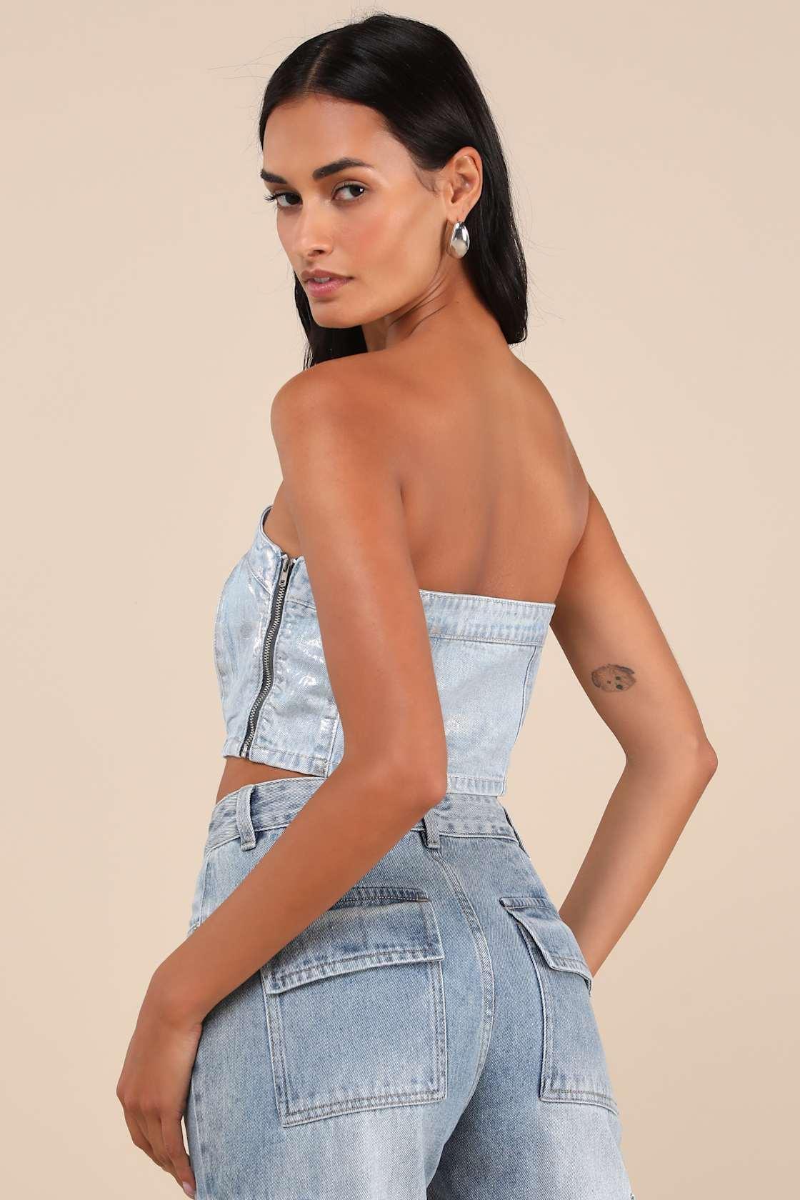 Modern Shine Light Wash Metallic Coated Denim Crop Top Product Image