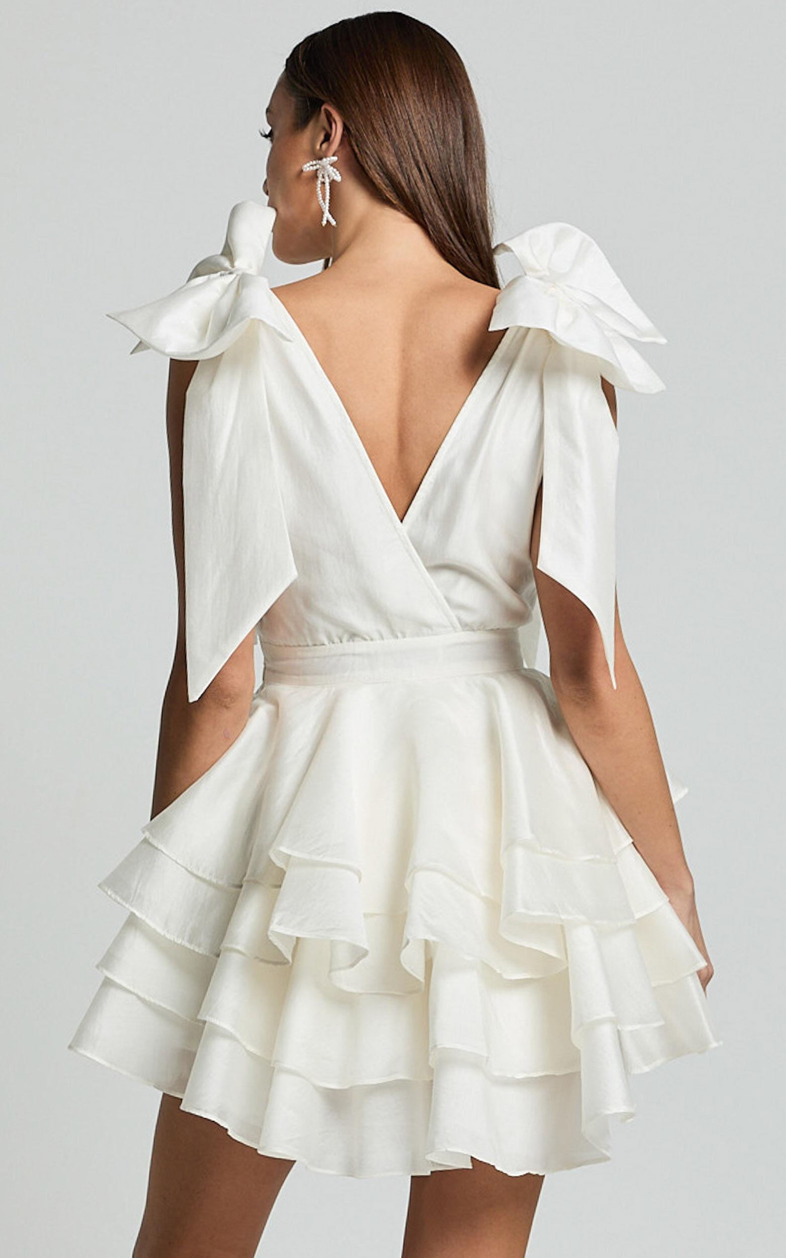 Roxanne Mini Dress - Shoulder Tie Plunge Ruffle Dress in White Product Image