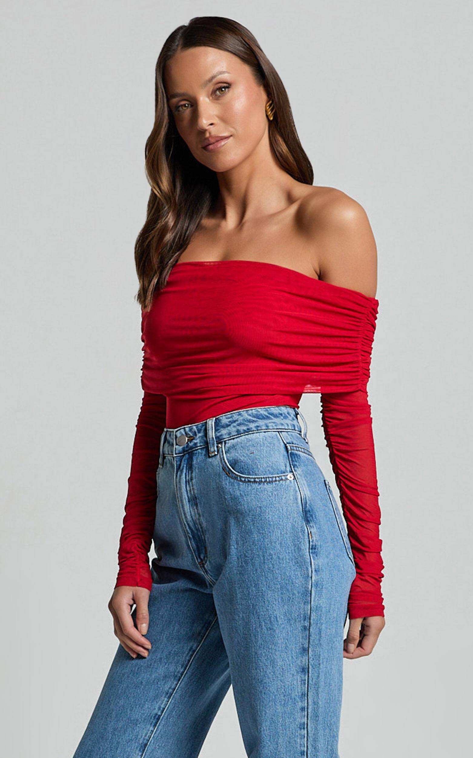 Jaythen Bodysuit - Long Sleeve Off Shoulder Ruched Mesh Bodysuit in Red Product Image