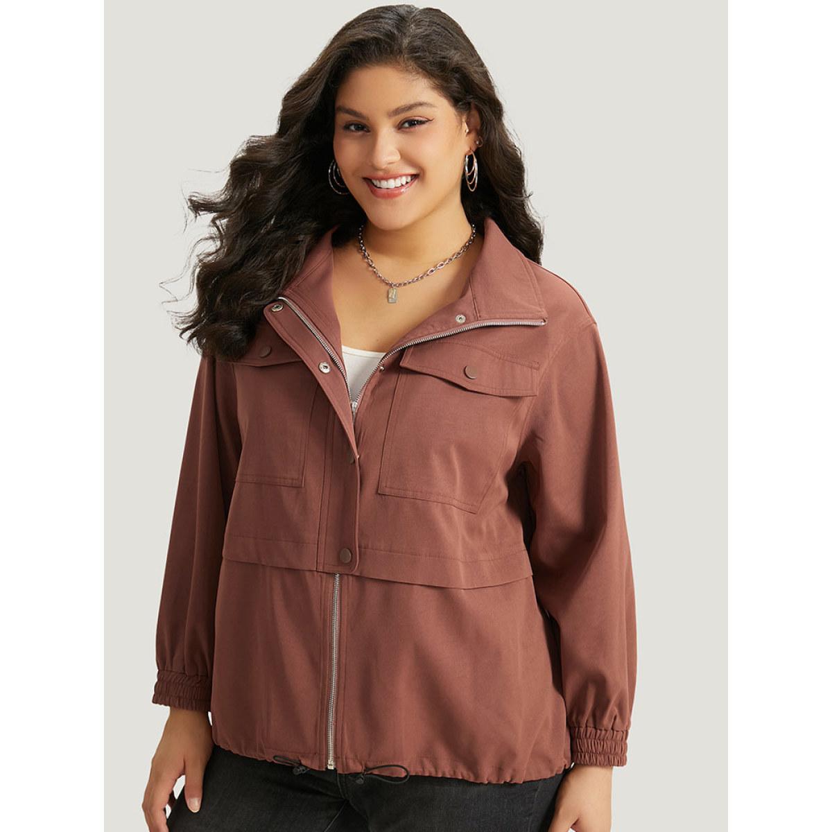 Plus Size Halloween Plain Flap Pocket Shirred Drawstring Zipper Fly Jacket Women Russet Elastic cuffs Pocket Dailywear Jackets BloomChic 26/4X Product Image