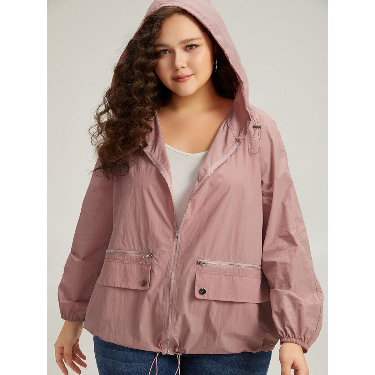 Plus Size Plain Hooded Pocket Zipper Fly Drawstring Jacket Women Rouge Plain Pocket Dailywear Jackets BloomChic 14-16/1X Product Image