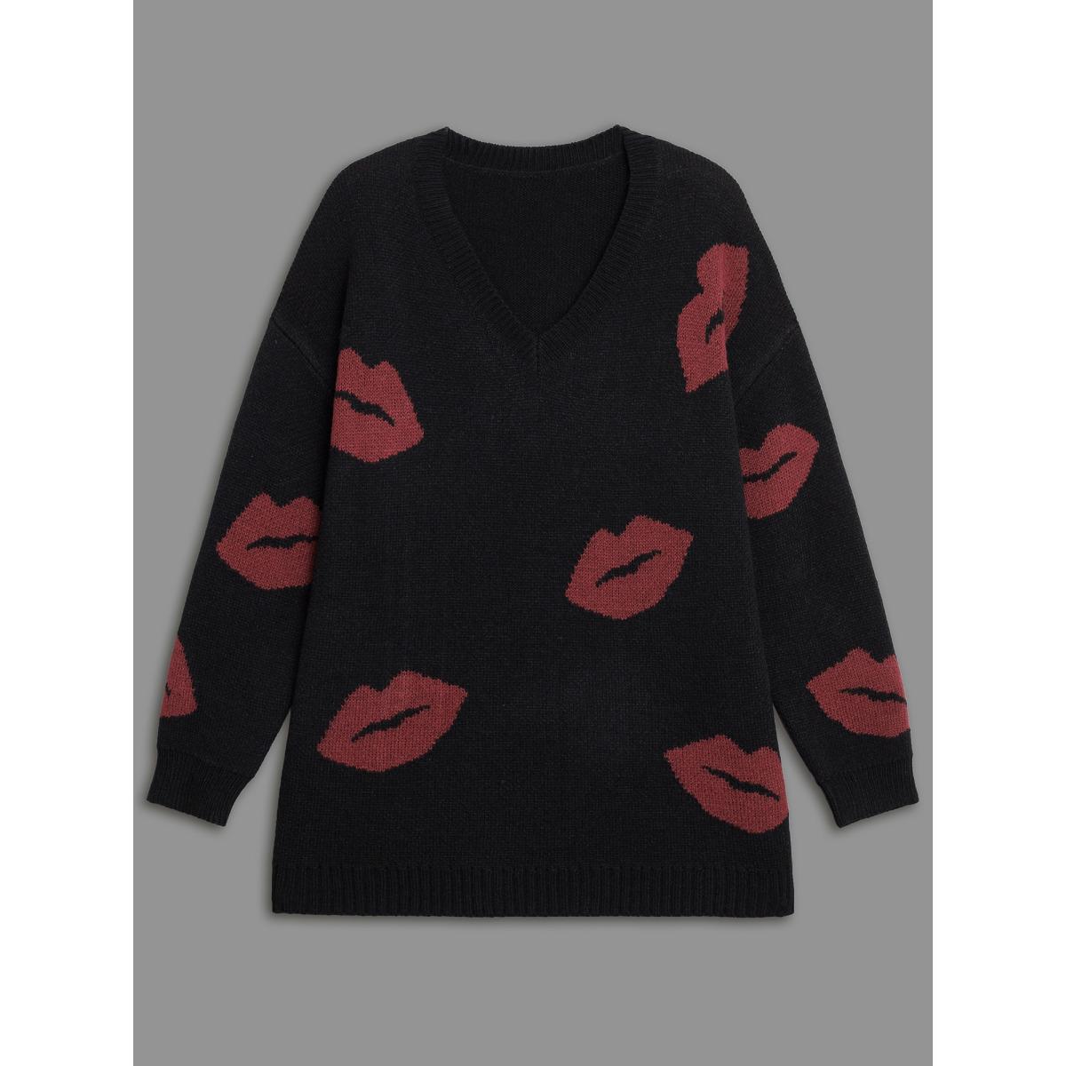 Plus Size Lip Print Contrast Knit Pullover Black Women Casual Loose Long Sleeve V-neck Everyday Pullovers BloomChic 14-16/1X Product Image