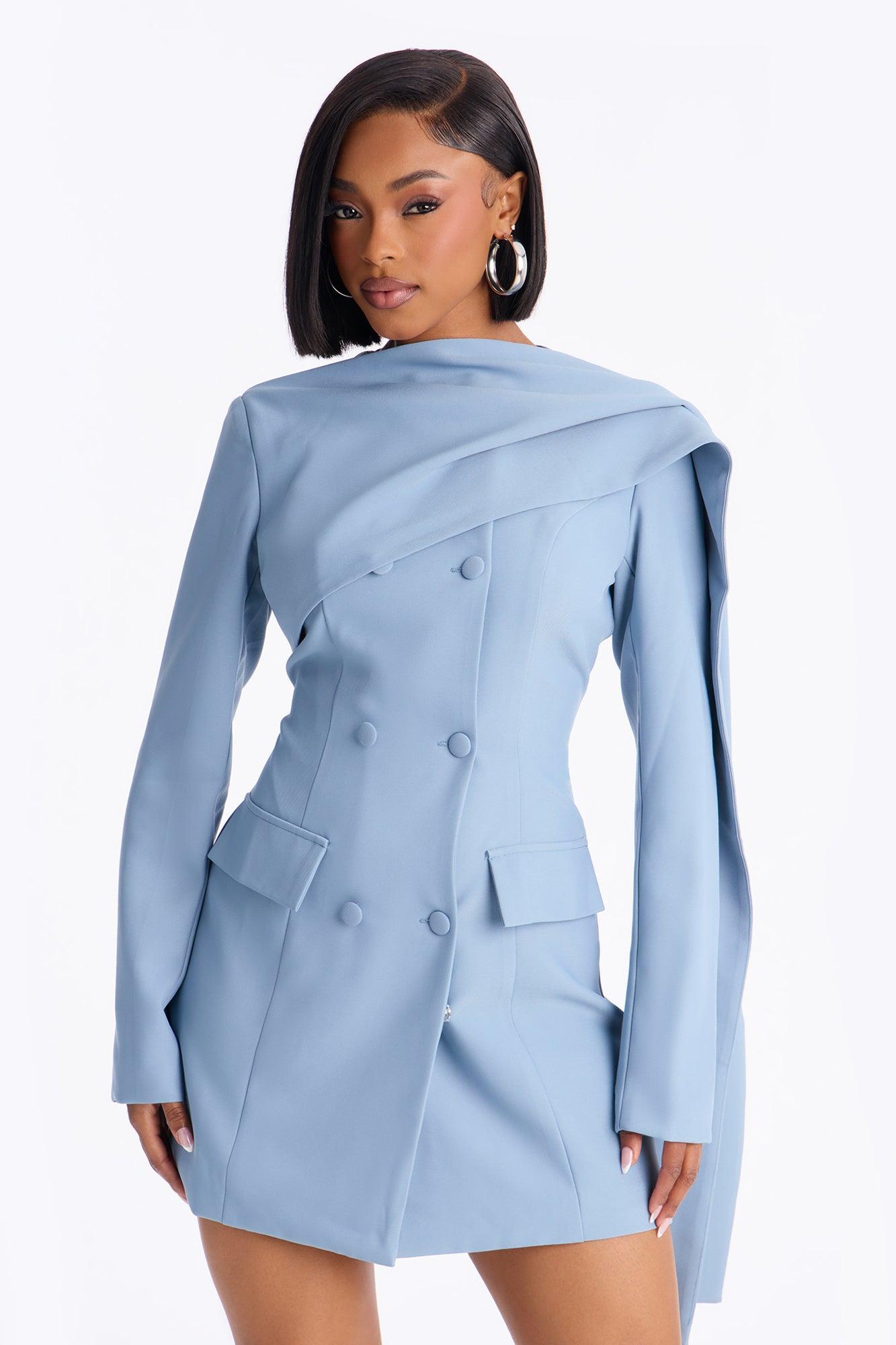 Run The World Long Sleeve Blazer Mini Dress - Dusty Blue Female Product Image