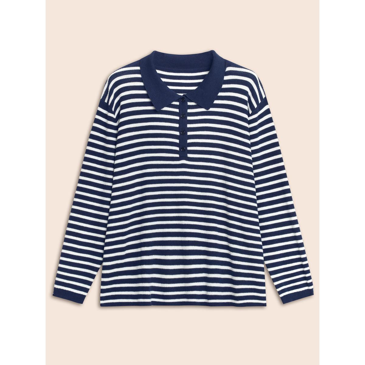 Plus Size Polo Neck Striped Button Up Pullover Midnight Women Workwear Essentials Long Sleeve Polo Work Pullovers BloomChic 22-24/3X Product Image
