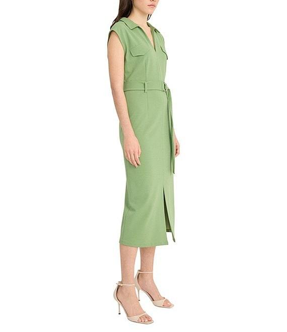 Donna Morgan Solid Scuba Crepe Collared Belted Midi Dress Product Image