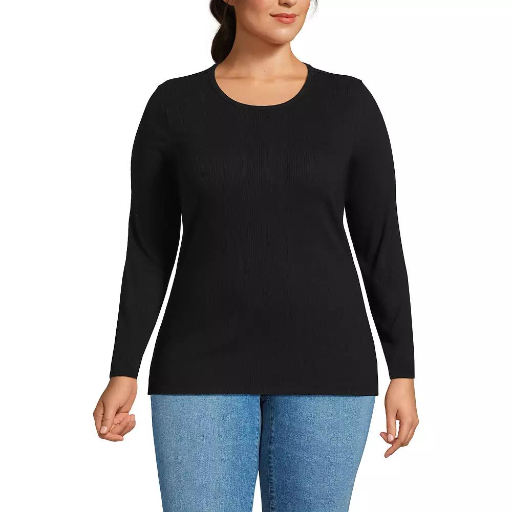 Plus Size Lands' End Long Sleeve Micro Rib Crewneck Top, Women's, Size: 1XL, Black Product Image