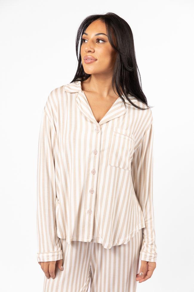 Good To Get Away Neutral Stripe Long Sleeve Pajama Top FINAL SALE Product Image
