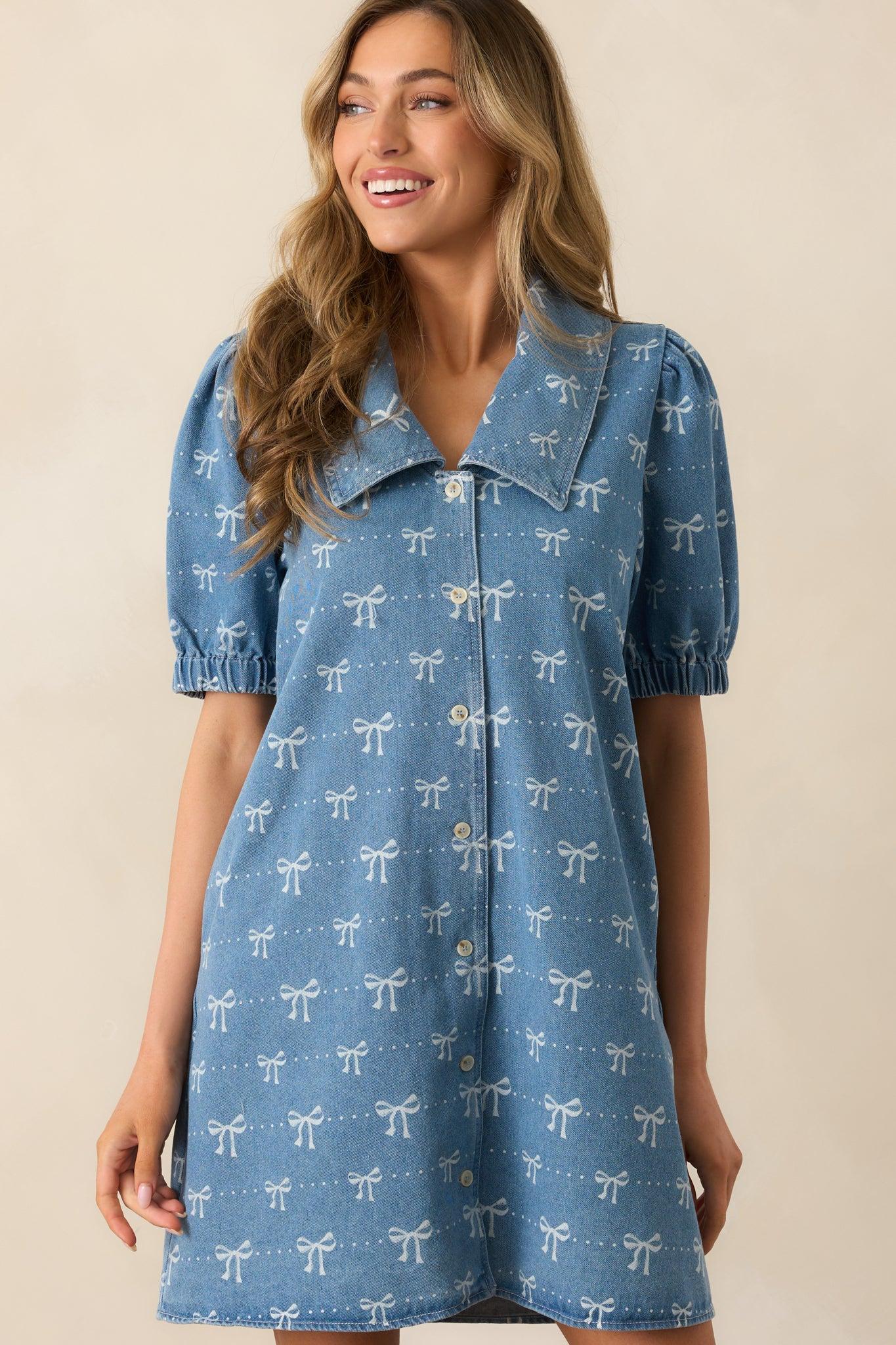 A Fine Line Medium Wash Denim Button Front Mini Dress Product Image
