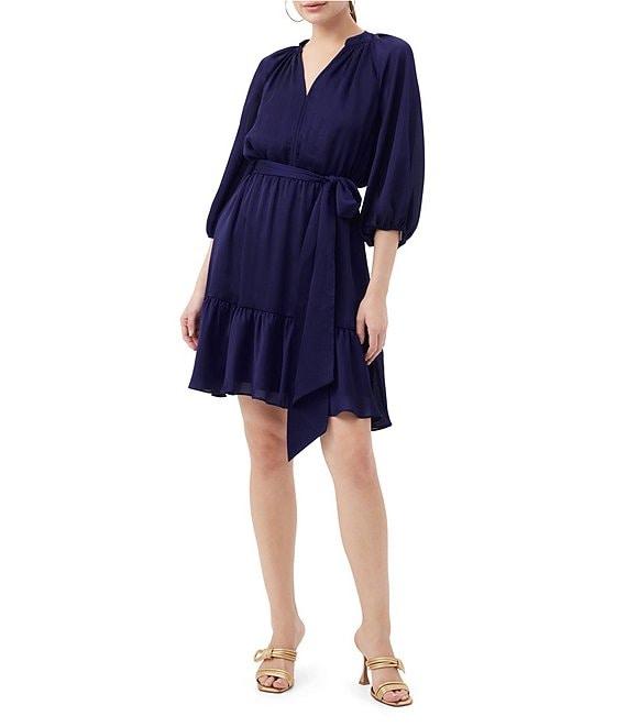 Trina Turk Asuma Crinkle Georgette V-Neck 3/4 Sleeve Tie Waist Dress Product Image