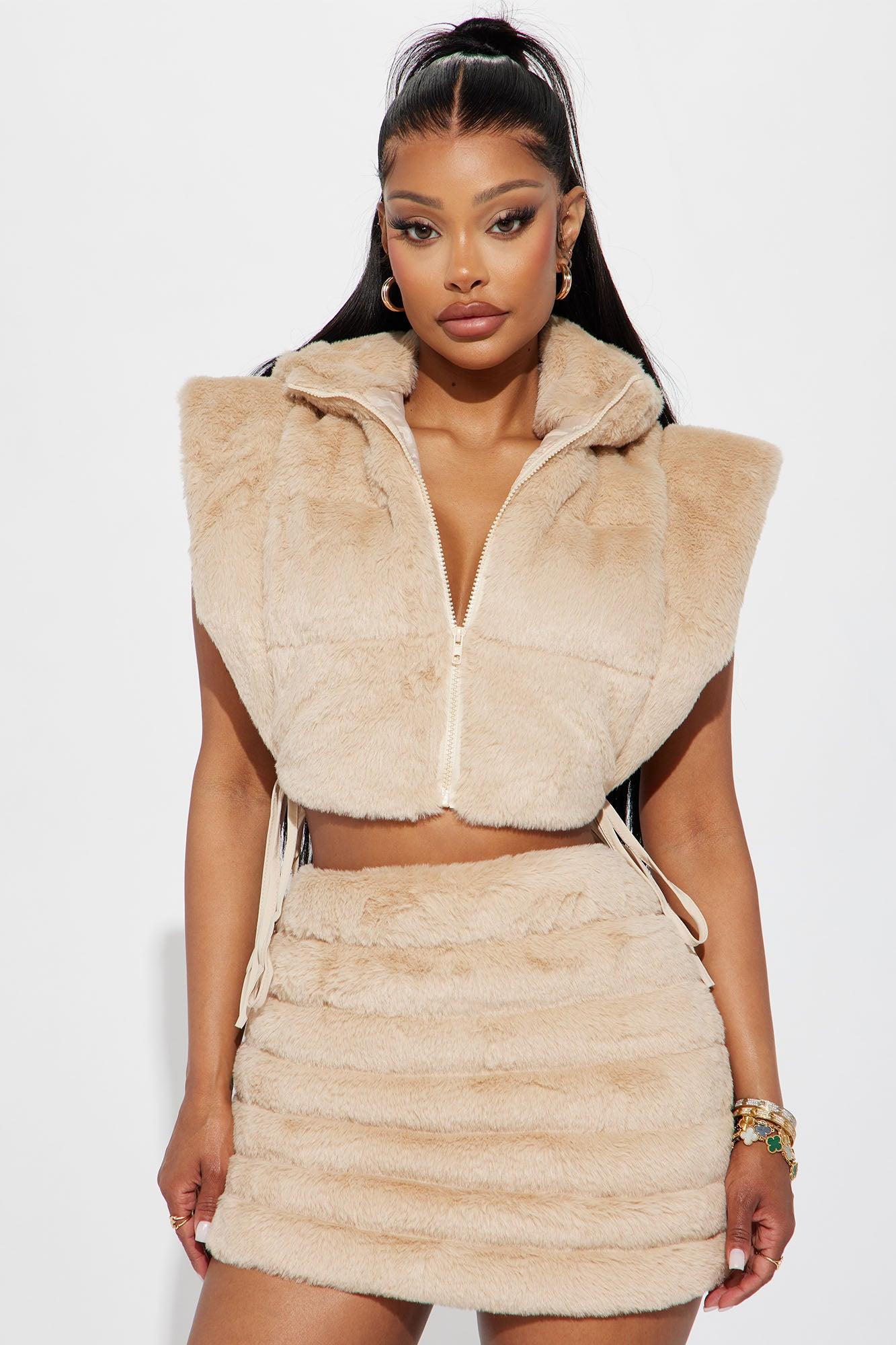 Everything I Want Faux Fur Skirt Set - Taupe Female Product Image