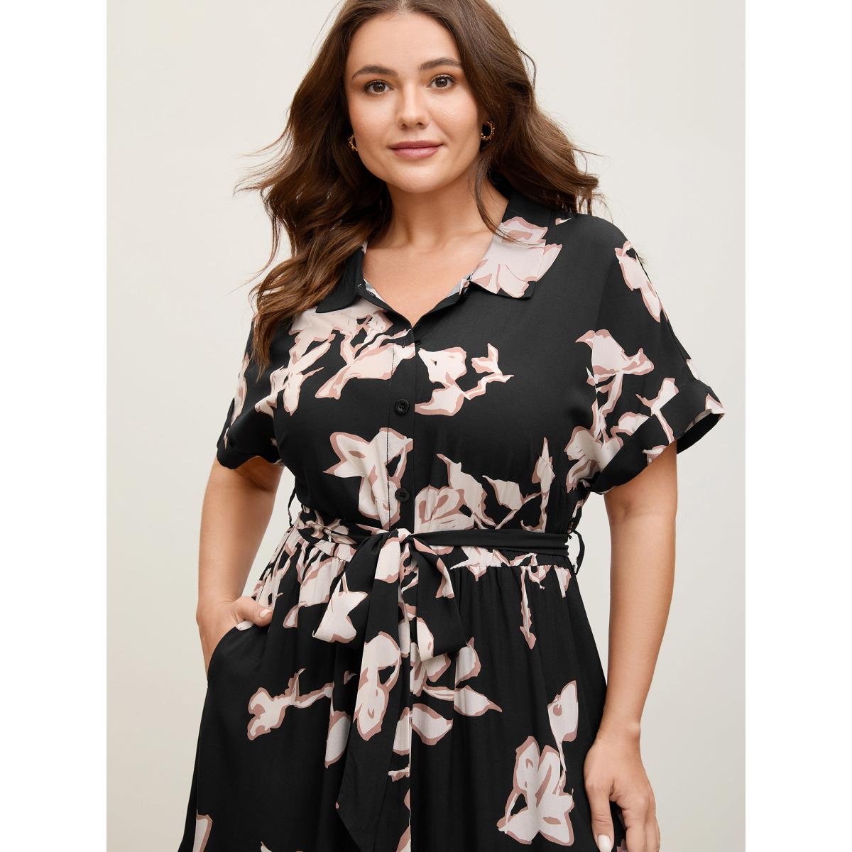 Plus Size Rayon Floral Stretchy Waist Pockets Midi Dress BlackFlower Women Shirt collar Short sleeve Curvy BloomChic 28/5X Product Image