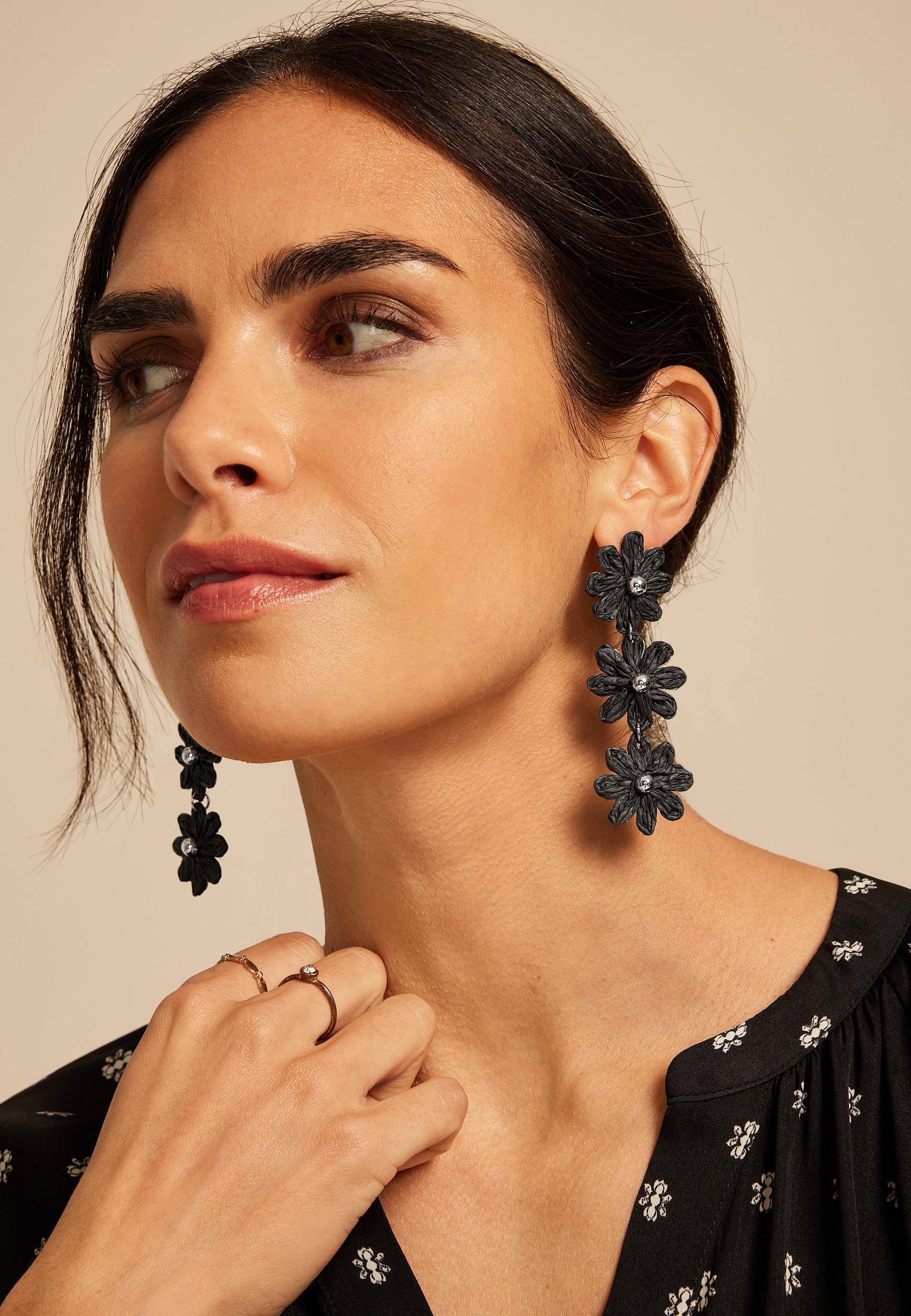 Black Triple Floral Raffia Drop Earrings Product Image