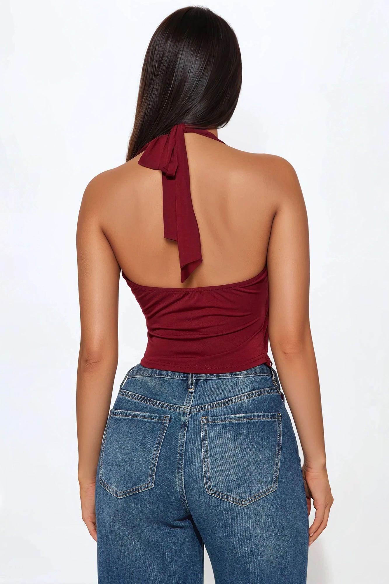 Ginny Asymmetrical Halter Top - Burgundy Product Image