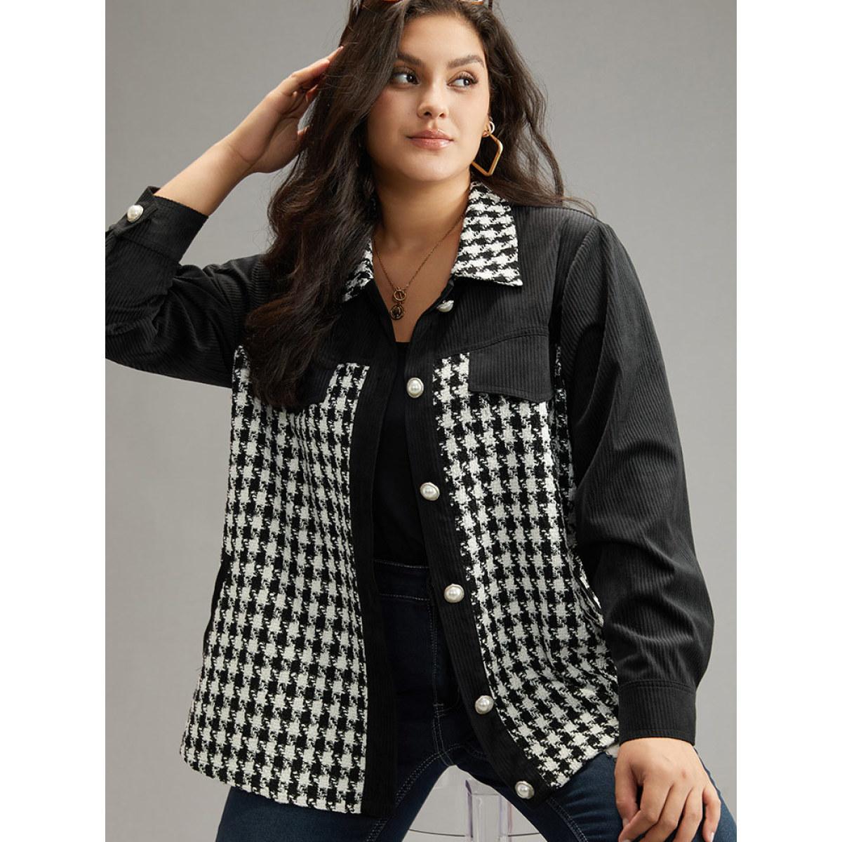 Plus Size Tweed Gingham Button Up Patchwork Pocket Contrast Coat Women Black Casual Contrast Ladies Dailywear Winter Coats BloomChic 18-20/2X Product Image