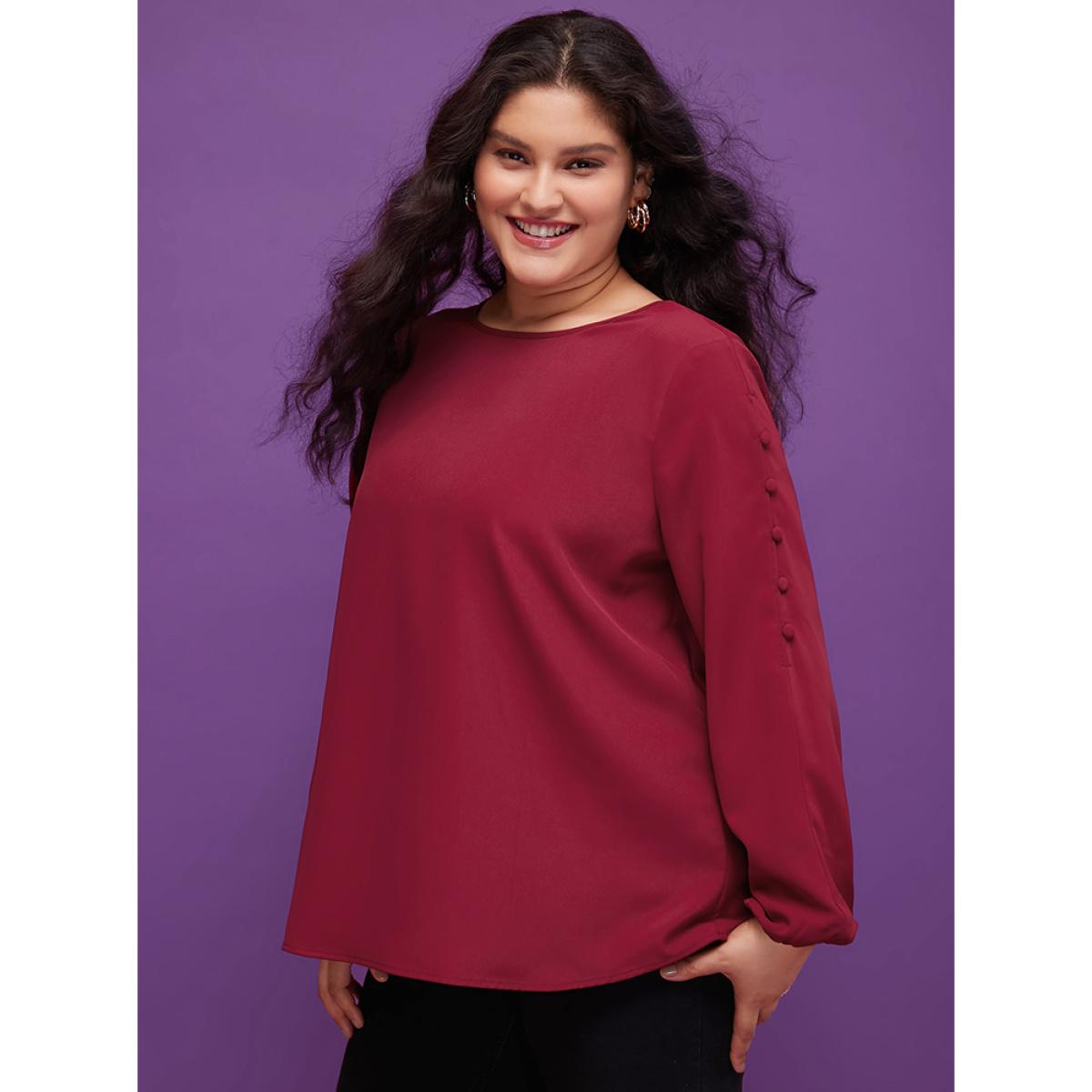 Plus Size Scarlet Solid Round Neck Button Detail Blouse Women Elegant Long Sleeve Round Neck Dailywear Blouses BloomChic 12/L Product Image