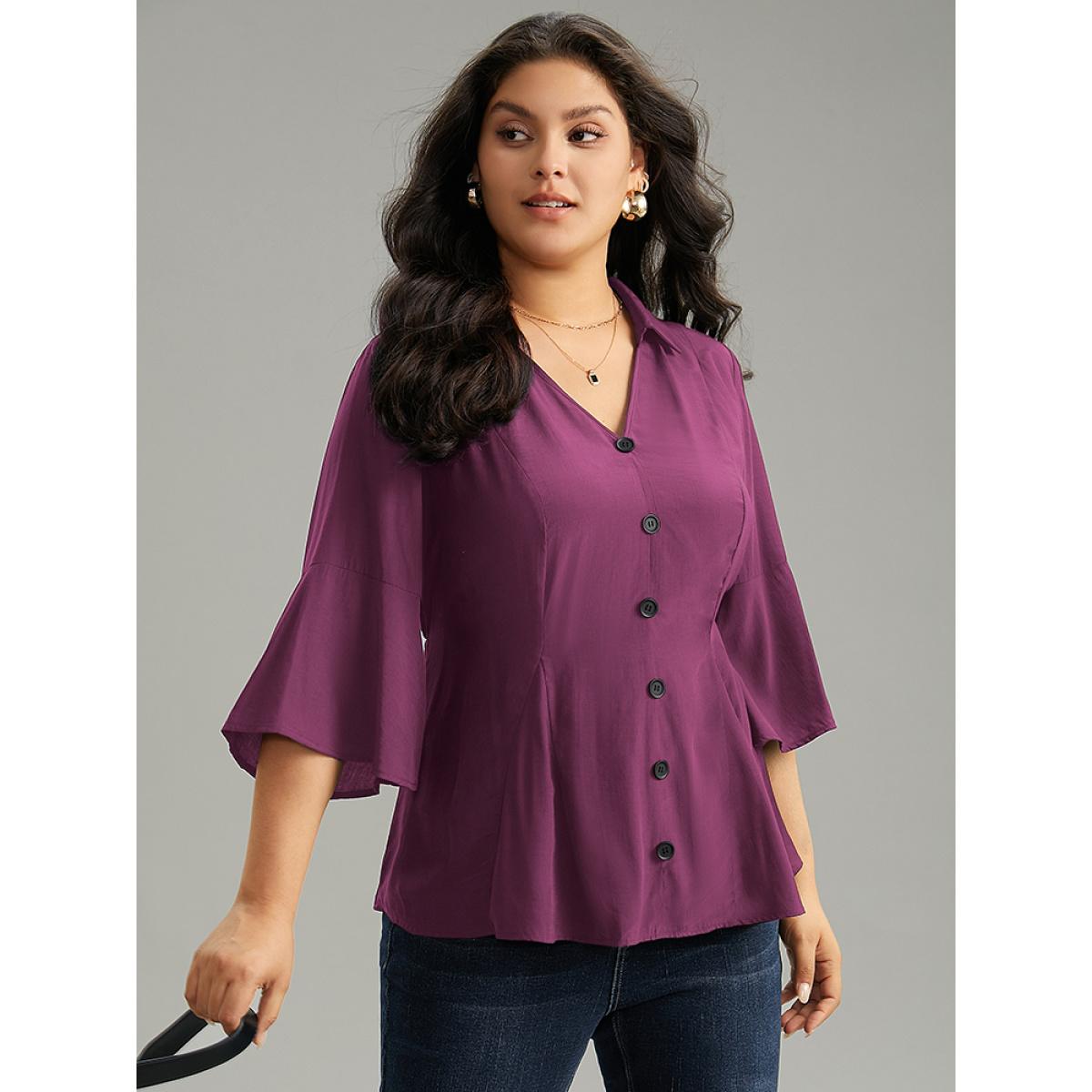 Plus Size Purple Plain Button Detail Bell Sleeve Blouse Women Office Elbow-length sleeve Shirt collar Work Blouses BloomChic 28/5X Product Image