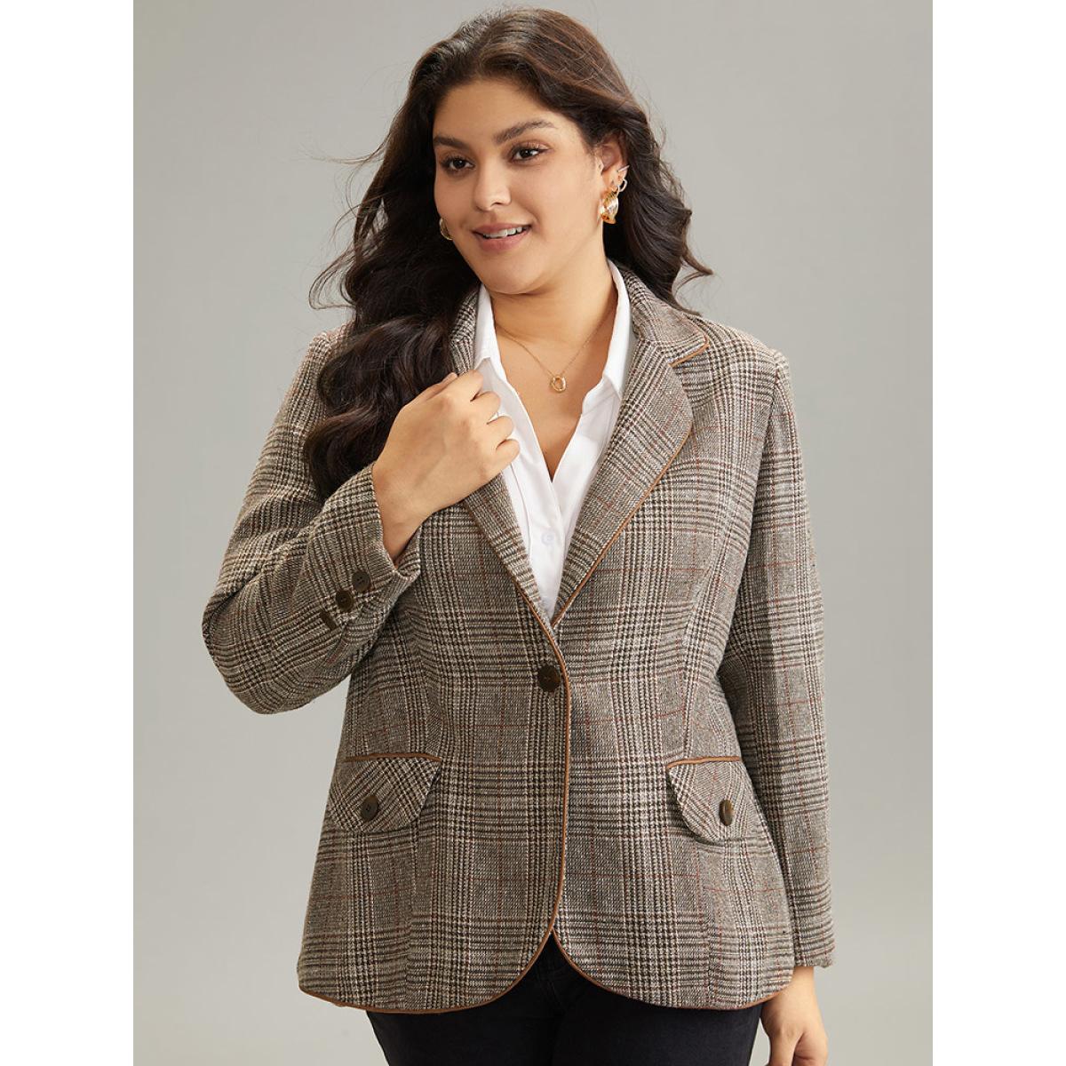 Plus Size Plaid Suit Collar Flap Pocket Blazer DarkBrown Women Work Plaid Lined Sleeve Long Sleeve Suit Collar 10/M Pocket At the Office Blazers BloomChic Product Image