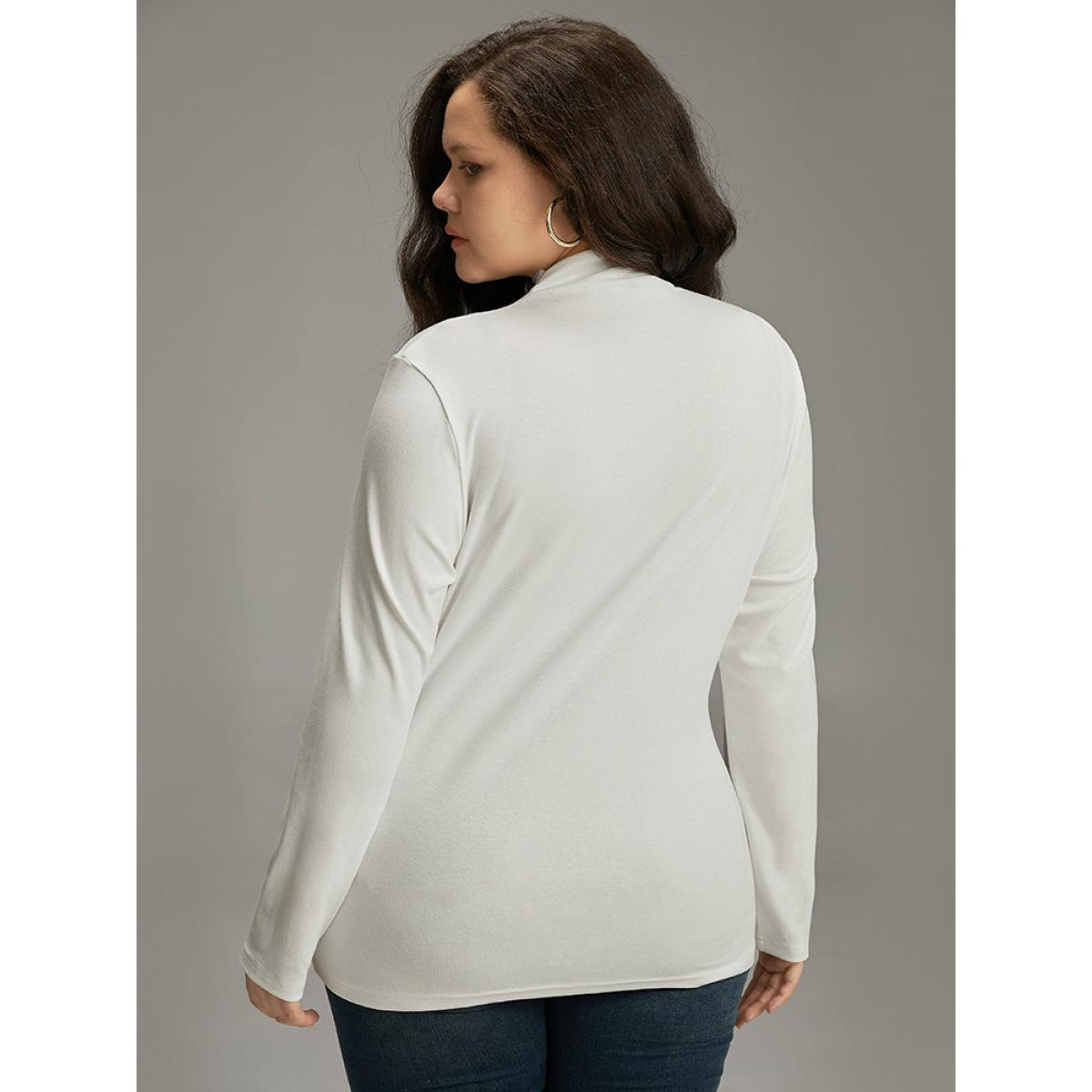 Plus Size Cotton Solid Mock Neck T-shirt White Women Casual Plain Plain Mock Neck Dailywear T-shirts BloomChic 12/L Product Image