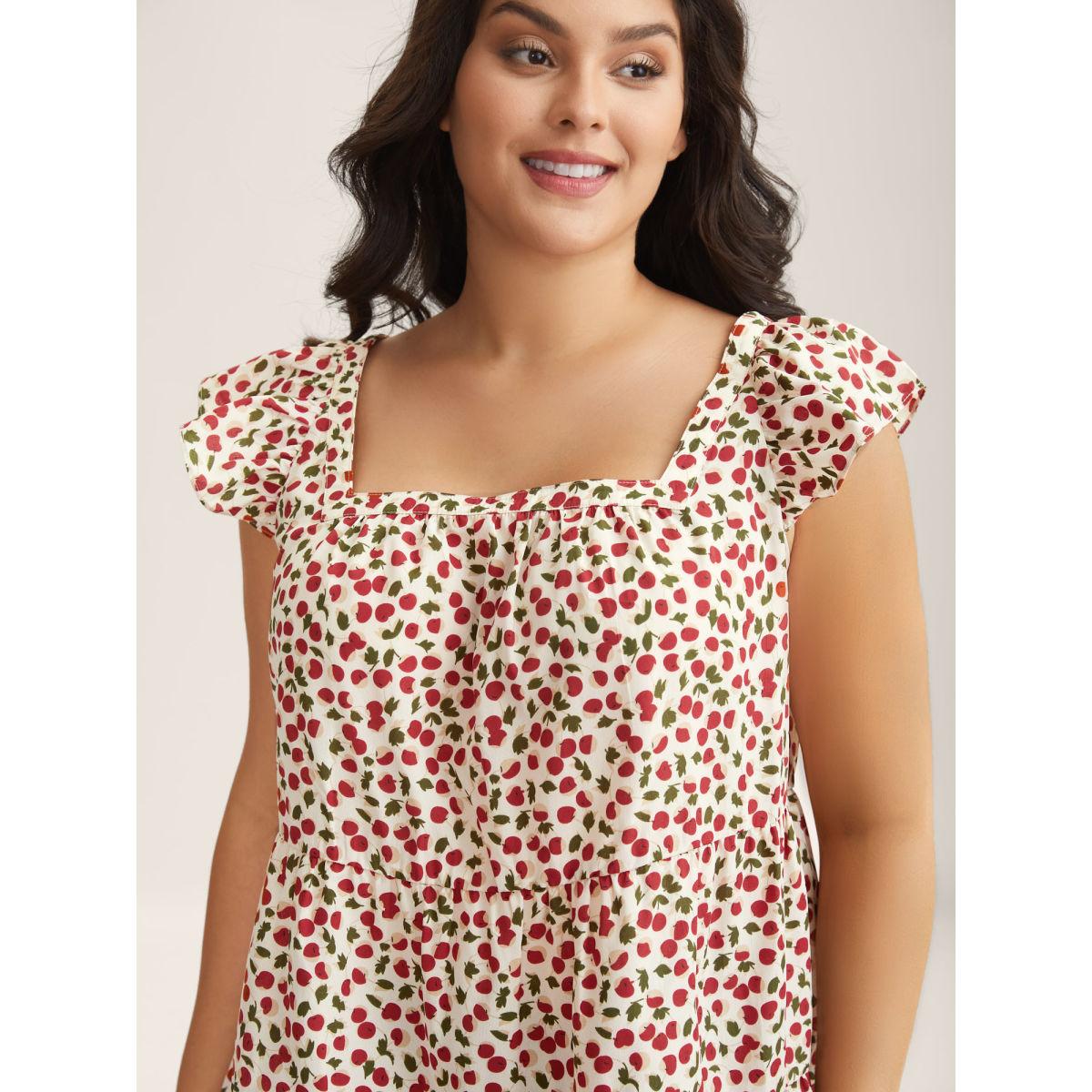 Plus Size Cherry Print Flutter Sleeve Tank Top Women Multicolor Gathered Square Neck Everyday-Casual Tank Tops Camis BloomChic 12/L Product Image