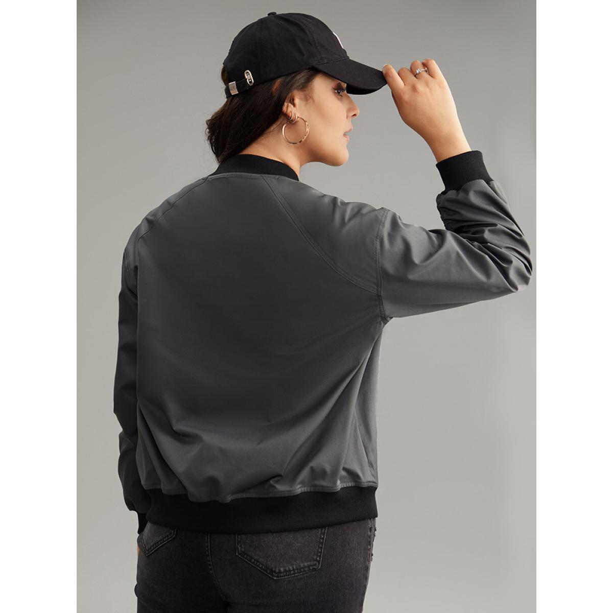 Plus Size Plain Pocket Patchwork Zipper Bomber Jacket Women DimGray Elastic cuffs Pocket Everyday Jackets BloomChic 12/L Product Image