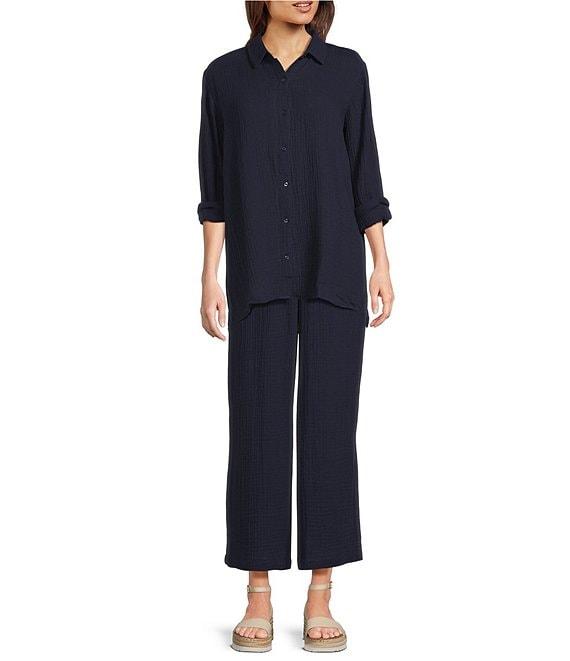 Eileen Fisher Organic Cotton Gauze Elastic Waist Straight Leg Pants Product Image