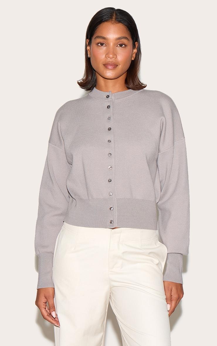 Ash Grey Compact Knit Button Through Cardigan Product Image