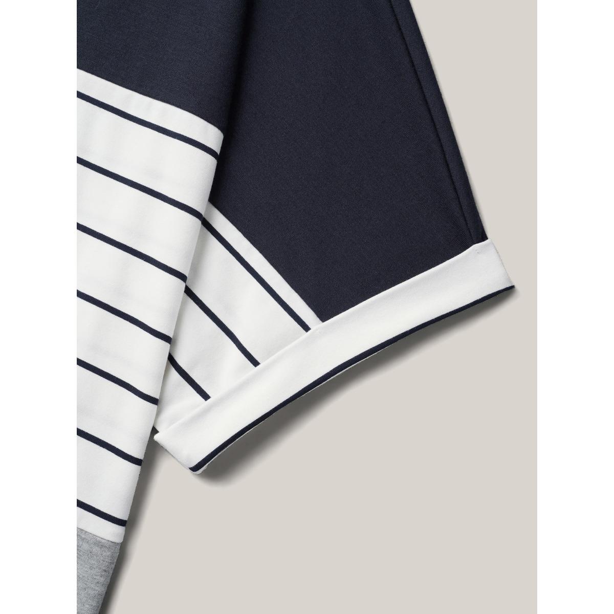 Plus Size Color-Block Stretchy Stripes T-Shirt DarkBlue Women Leisure Contrast Round Neck Casual T-shirts BloomChic 14-16/1X Product Image